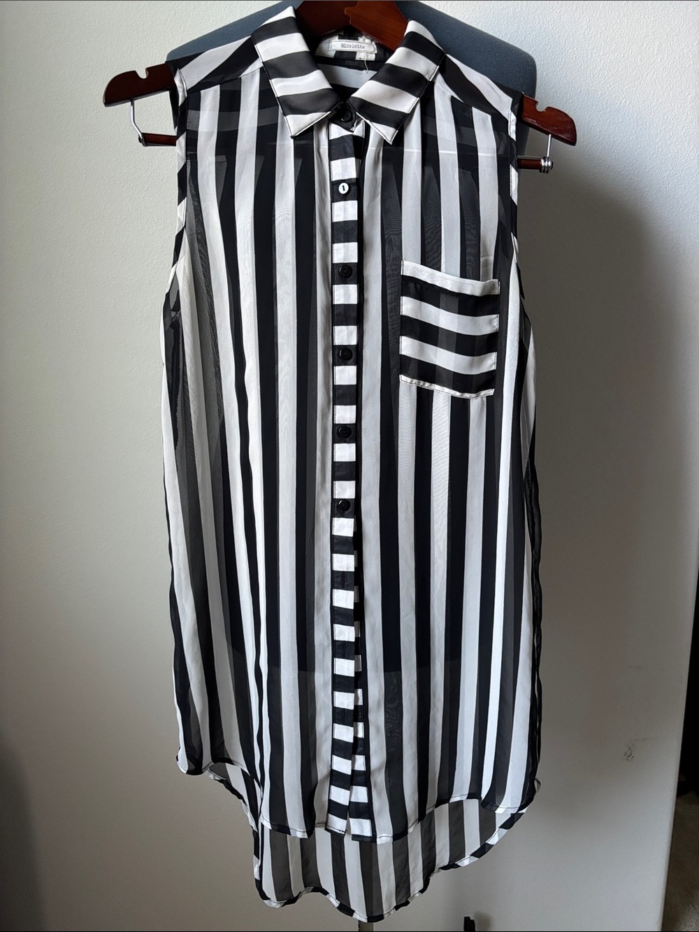 Sleeveless Black and White Striped Button-Front Blouse